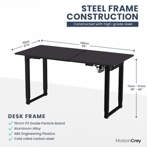 MotionGrey Pro Adjustable Electric Standing Desk with Memory Settings - 55" x 28" Black Top Black Frame - Ergonomic Desk for Home and Office - With