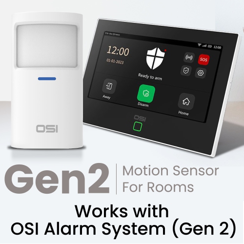 OSI Wireless Motion Sensors 2 Pack - Accessory for OSI Smart Alarm System (Gen 2), Wireless, Includes 2 AA Batteries, Pet Immunity, Wide Angle 110°.