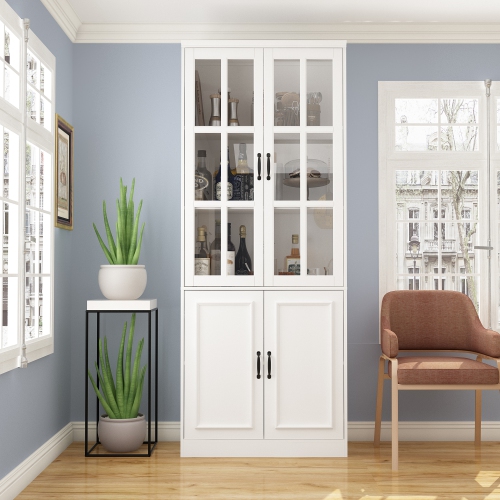 Famapy Tall Storage Cabinet with 2 Glass Doors, Wooden Display Cabinet for Home Office, Living Room White