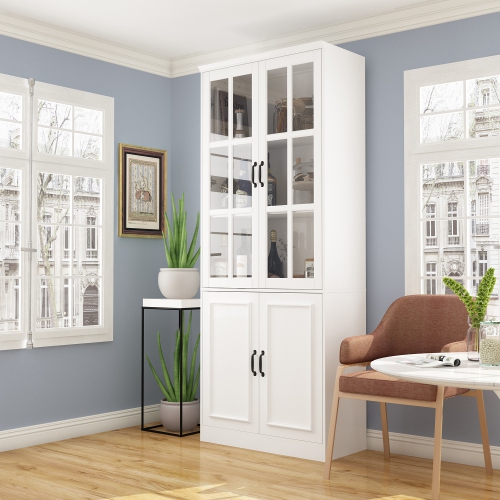 Famapy Tall Storage Cabinet with 2 Glass Doors, Wooden Display Cabinet for Home Office, Living Room White