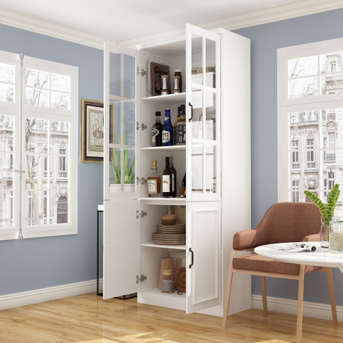 Famapy Tall Storage Cabinet with 2 Glass Doors, Wooden Display Cabinet for Home Office, Living Room White