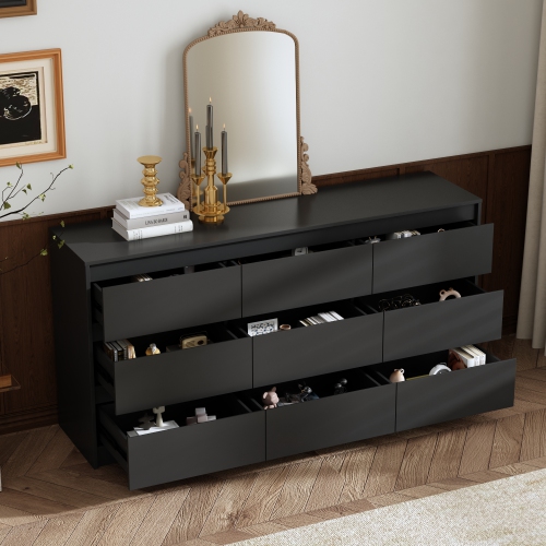 Famapy 9-Drawer Chest for Bedroom with Deep Drawers, Large Floor Wood Chest Handle-Free, Modern Long Chest Black