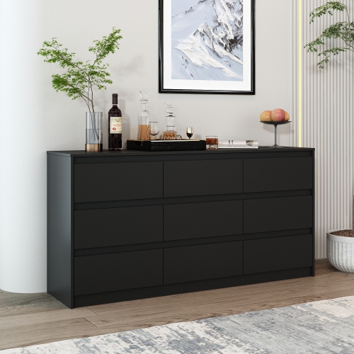 Famapy 9-Drawer Chest for Bedroom with Deep Drawers, Large Floor Wood Chest Handle-Free, Modern Long Chest Black