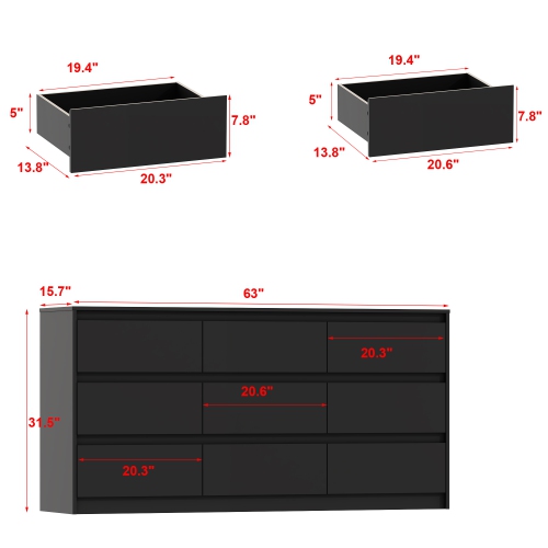 Famapy 9-Drawer Chest for Bedroom with Deep Drawers, Large Floor Wood Chest Handle-Free, Modern Long Chest Black