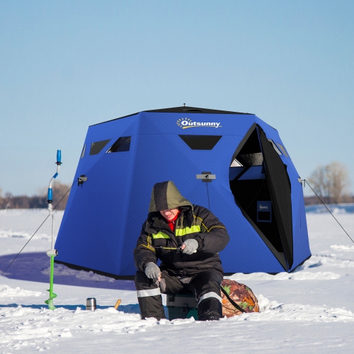Outsunny 4 Person Insulated Ice Fishing Tent, Pop-Up Portable Ice Fishing Shelter with Carry Bag, Two Doors and Anchors for -22℉, Blue
