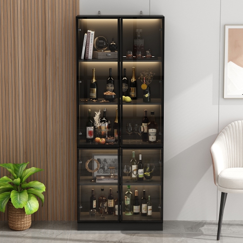 Famapy Modern Display Cabinet with Glass Doors, Adjustable Shelves, and LED Lighting Black