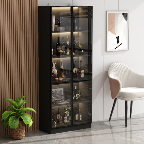 Famapy Modern Display Cabinet with Glass Doors, Adjustable Shelves, and LED Lighting Black