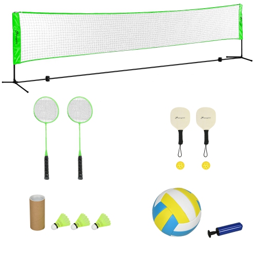 Soozier Portable Badminton Set, 3-in-1 Adjustable Height Pickleball Volleyball and Badminton Net with 3 Shuttlecocks, 4 Rackets, for Indoor Outdoor,