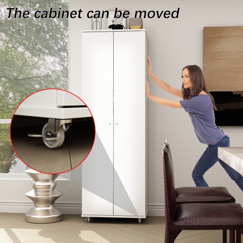 Famapy Tall Storage Cabinet with Multiple Shelves and Rolling Casters White