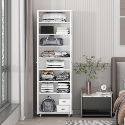 Famapy Tall Storage Cabinet with Multiple Shelves and Rolling Casters White