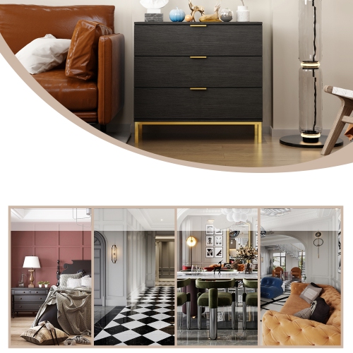 Famapy Modern 3-Drawer Cabinet with Gold Accents and Spacious Storage for Bedroom or Living Room Black
