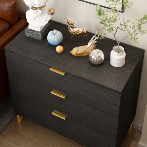 Famapy Modern 3-Drawer Cabinet with Gold Accents and Spacious Storage for Bedroom or Living Room Black