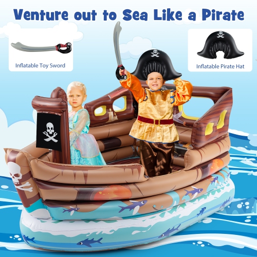 Gymax Inflatable Pirate Ship Playhouse w/ Built in Motor Inflatable Toy Sword