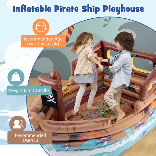 Gymax Inflatable Pirate Ship Playhouse w/ Built in Motor Inflatable Toy Sword