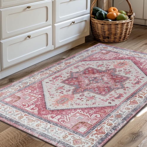 Area Rug 2' x 3' Berry Entryway Rug Vintage Boho Rug Traditional Area Rug Soft Distressed Rug Foldable Floral Print Indoor Mat for Bathroom Doormat B