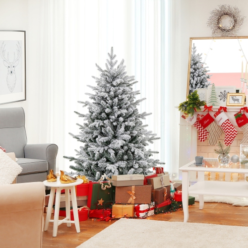 GYMAX  4.5/6/7 Ft Pre-Lit Artificial Christmas Tree Snow Flocked Full Tree W/ 436/820/1164 Lush Branch Tips