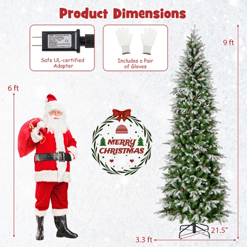Gymax 6/7.5/9 FT Pre-Lit Artificial Christmas Tree Snow Flocked Hinged Xmas Tree