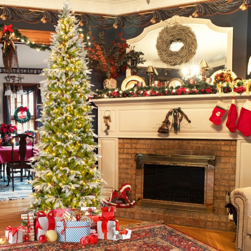 Gymax 6/7.5/9 FT Pre-Lit Artificial Christmas Tree Snow Flocked Hinged Xmas Tree