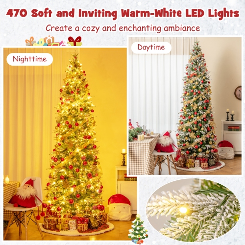 Gymax 6/7.5/9 FT Pre-Lit Artificial Christmas Tree Snow Flocked Hinged Xmas Tree