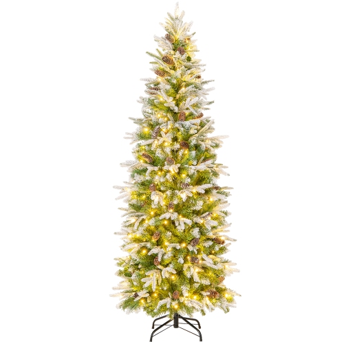 GYMAX  6/7.5/9 Ft Pre-Lit Artificial Christmas Tree Snow Flocked Hinged Xmas Tree