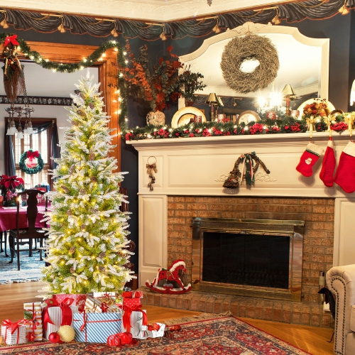 Gymax 6/7.5/9 FT Pre-Lit Artificial Christmas Tree Snow Flocked Hinged Xmas Tree