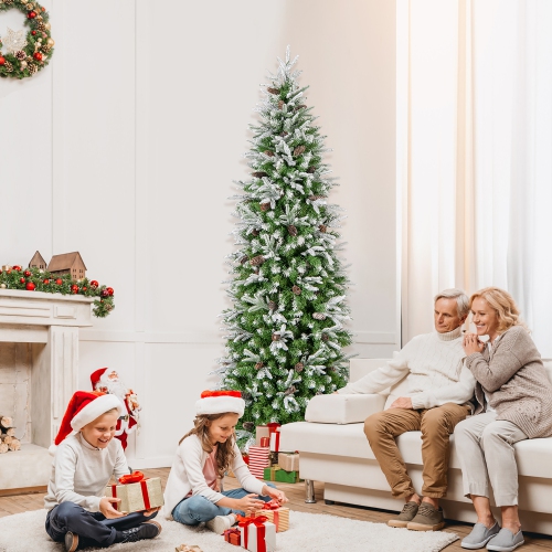 Gymax 6/7.5/9 FT Pre-Lit Artificial Christmas Tree Snow Flocked Hinged Xmas Tree