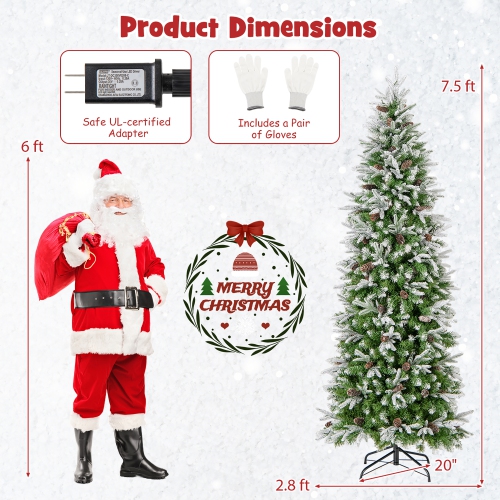 Gymax 6/7.5/9 FT Pre-Lit Artificial Christmas Tree Snow Flocked Hinged Xmas Tree
