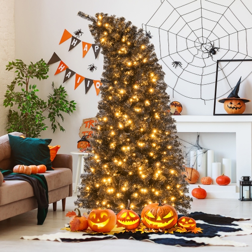 Gymax 6/7 FT Artificial Halloween Tree Pre-Lit Black Christmas Tree w/ Bendable Top Section