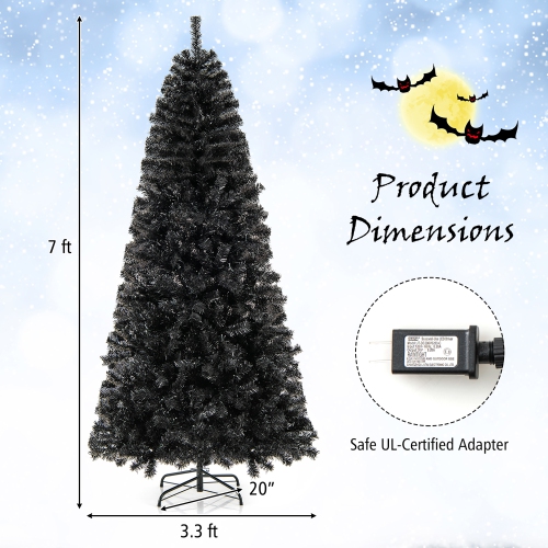Gymax 6/7 FT Artificial Halloween Tree Pre-Lit Black Christmas Tree w/ Bendable Top Section