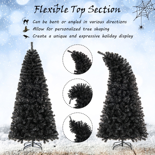 Gymax 6/7 FT Artificial Halloween Tree Pre-Lit Black Christmas Tree w/ Bendable Top Section