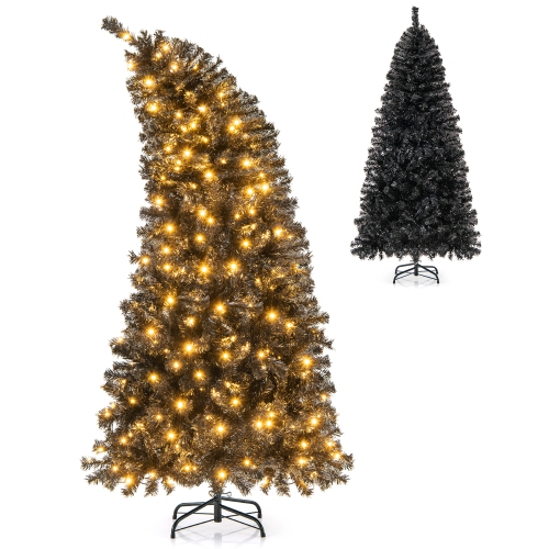 GYMAX  6/7 Ft Artificial Halloween Tree Pre-Lit Christmas Tree W/ Bendable Top Section In Black