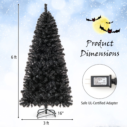 Gymax 6/7 FT Artificial Halloween Tree Pre-Lit Black Christmas Tree w/ Bendable Top Section