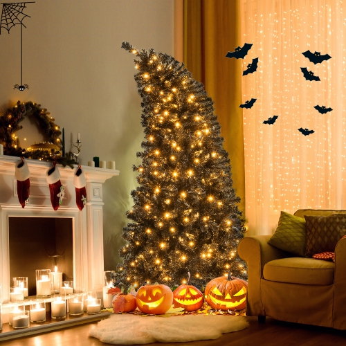 Gymax 6/7 FT Artificial Halloween Tree Pre-Lit Black Christmas Tree w/ Bendable Top Section