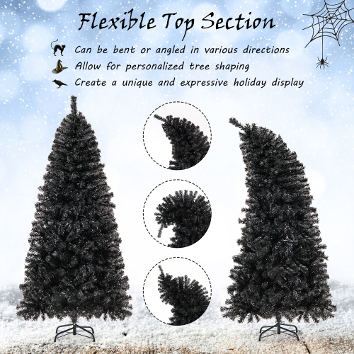 Gymax 6/7 FT Artificial Halloween Tree Pre-Lit Black Christmas Tree w/ Bendable Top Section