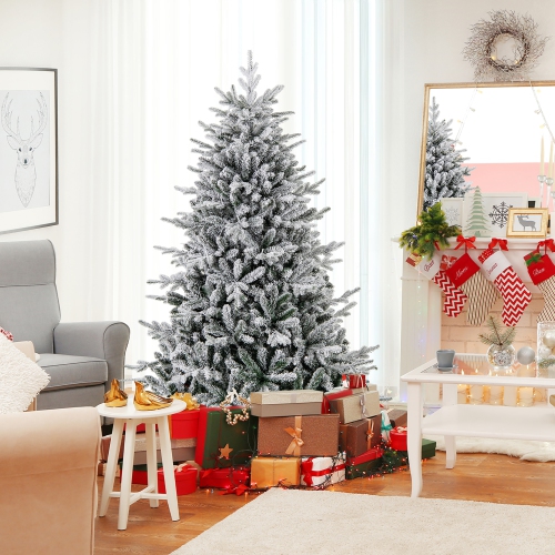Gymax 4.5/6/7 FT Pre-Lit Artificial Christmas Tree Snow Flocked Full Tree w/ 436/820/1164 Lush Branch Tips