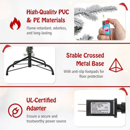 Gymax 4.5/6/7 FT Pre-Lit Artificial Christmas Tree Snow Flocked Full Tree w/ 436/820/1164 Lush Branch Tips