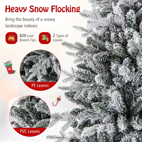 Gymax 4.5/6/7 FT Pre-Lit Artificial Christmas Tree Snow Flocked Full Tree w/ 436/820/1164 Lush Branch Tips
