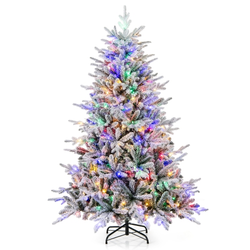 Gymax 4.5/6/7 FT Pre-Lit Artificial Christmas Tree Snow Flocked Full Tree w/ 436/820/1164 Lush Branch Tips