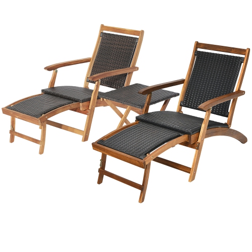 Gymax Patio Lounge Chair Set of 3 w/ Side Table Quick Folding Design Ottoman Outdoor
