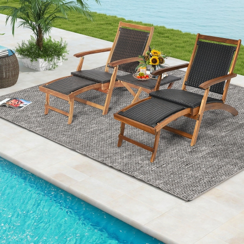Gymax Patio Lounge Chair Set of 3 w/ Side Table Quick Folding Design Ottoman Outdoor