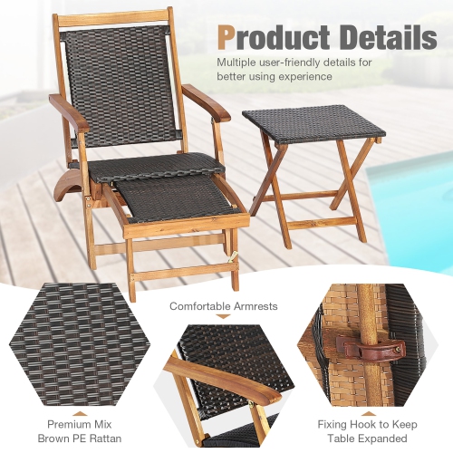 Gymax Patio Lounge Chair Set of 3 w/ Side Table Quick Folding Design Ottoman Outdoor