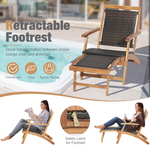 Gymax Patio Lounge Chair Set of 3 w/ Side Table Quick Folding Design Ottoman Outdoor