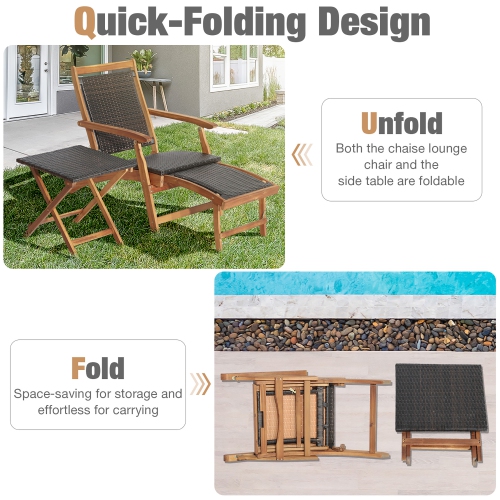 Gymax Patio Lounge Chair Set of 3 w/ Side Table Quick Folding Design Ottoman Outdoor