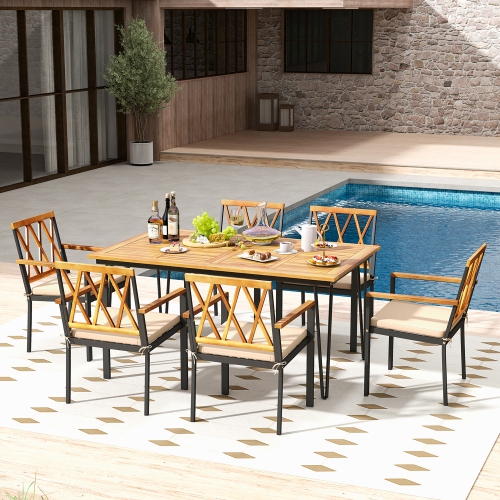 Gymax 7 PCS Patio Dining Set w/ 2'' Umbrella Hole and Seat Cushions for Garden