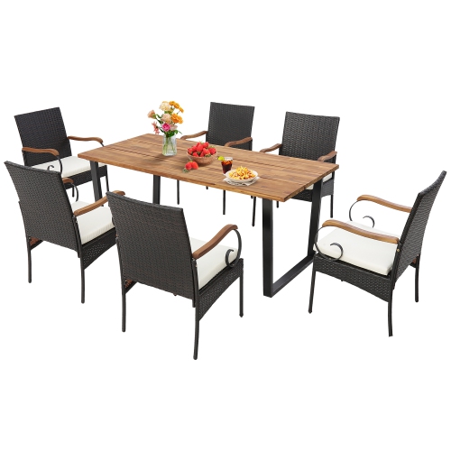GYMAX  7PCs Rattan Dining Set Acacia Wood Table 6 Wicker Chairs W/ Umbrella Hole Patio