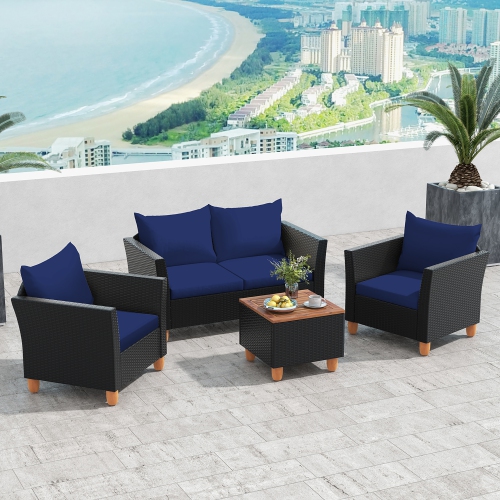 Gymax 4 PCS Wicker Patio Furniture Set w/ Removable Cushions Storage Coffee Table