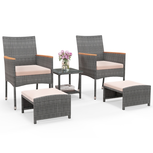 GYMAX  5 Pieces Wicker Patio Furniture Set Pe Rattan Porch Chairs W/ Ottomans