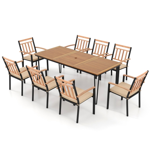 GYMAX  9 PCs Patio Dining Set W/ Rectangular Acacia Wood Dining Table 8 Cushioned Chairs