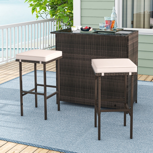 Gymax 3 Pieces Patio Bar Set PE Wicker Outdoor Bar Table & Stools Set w/ Removable Cushions