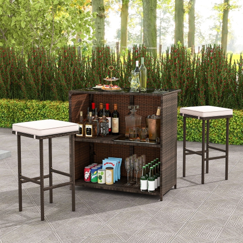Gymax 3 Pieces Patio Bar Set PE Wicker Outdoor Bar Table & Stools Set w/ Removable Cushions